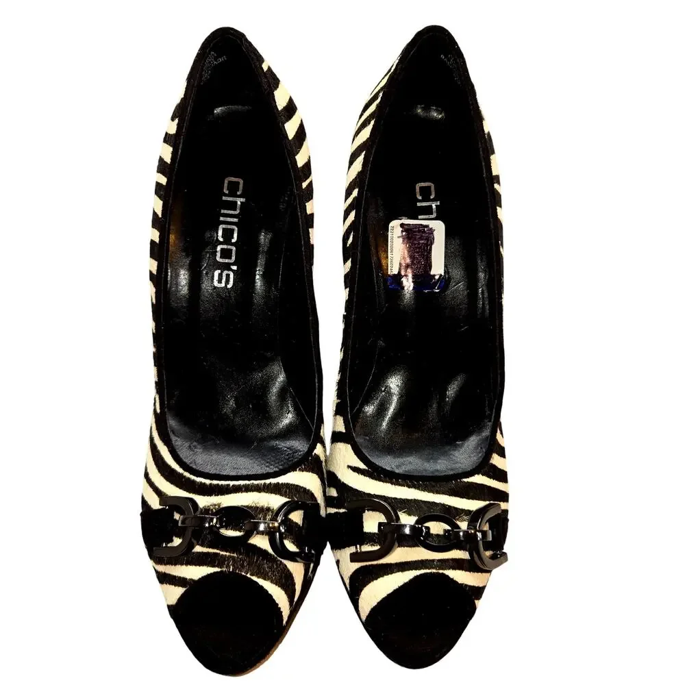 Chico's Shoes 7.5 Zebra Print Buckles Platform Open Toe High Heel Pump Stiletto